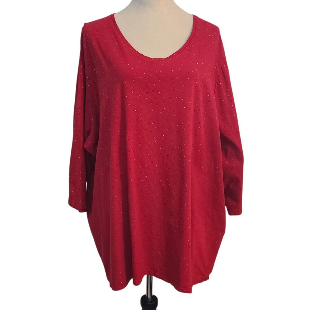 Catherines Womens 3X Red Embellished Gold Studs Tunic Top Holiday Sparkly